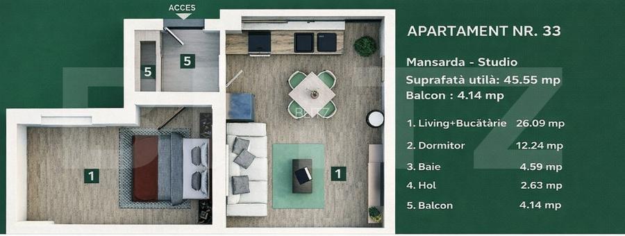 Apartament 2 camere, living cu bucătărie open space, balcon –45 mp utili - 4