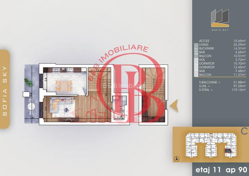 Duplex 3 camere cu 2 balcoane | Bucatarie Inchisa 14mp - 1