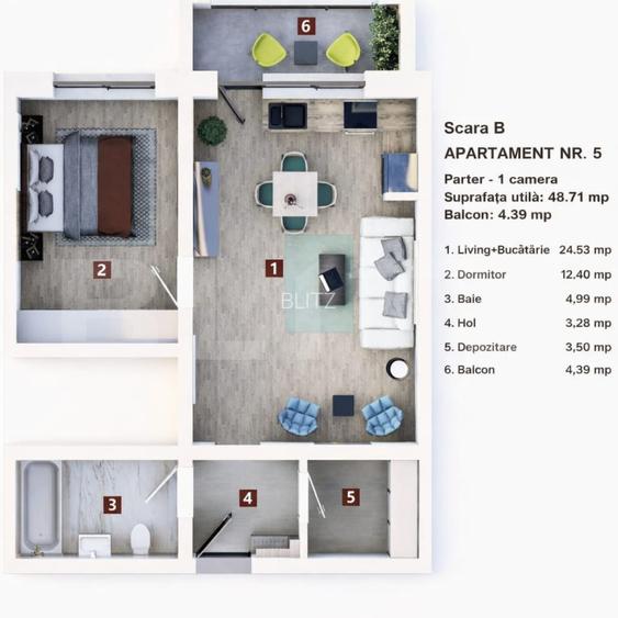 Apartament 2 camere, living cu bucătărie open space, balcon –48 mp utili - 2