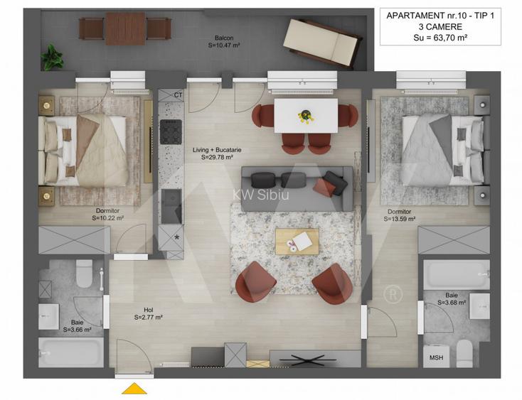 Apartament de vanzare 3 camere Sibiu Doamna Stanca 64mpu finisat cheie - 2