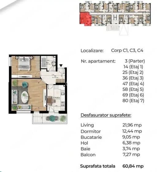 Apartament 2 camere decomandat | 60,84 mp | Balcon generos - 7