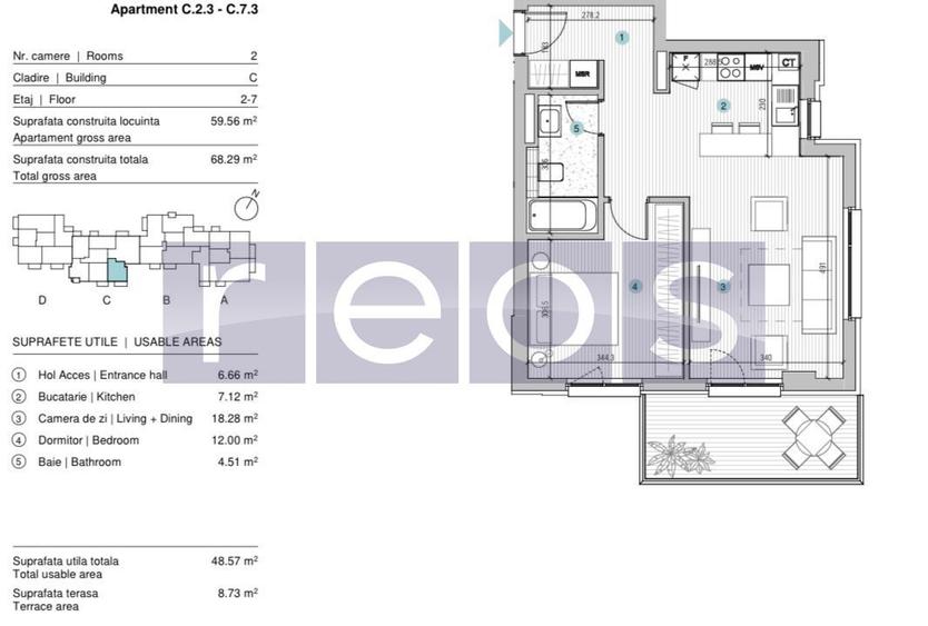 VANZARE APARTAMENT 2 CAMERE | STRAULESTI | 60MP | TERASA | COMPLEX NOU - 12