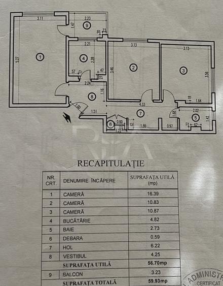 3 camere Chișinău decomandat, et. 2, 60 mp