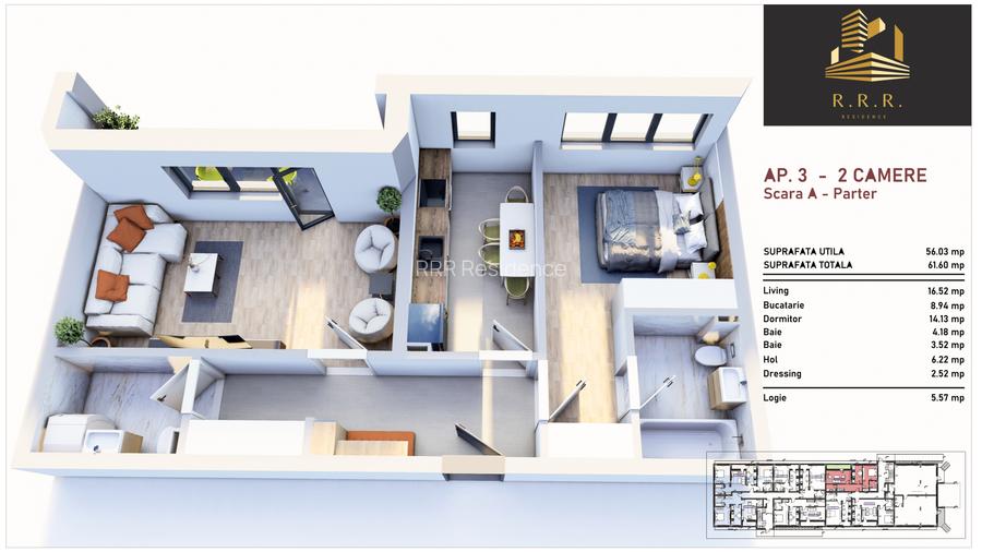 Ap 2 cam si 2 bai decomandat 61m, incalzire pardoseala,predare10/2025,Giurgiului - 2