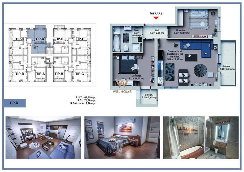 Ap. nou, 3 camere, 65,25 mp, bloc nou cu lift