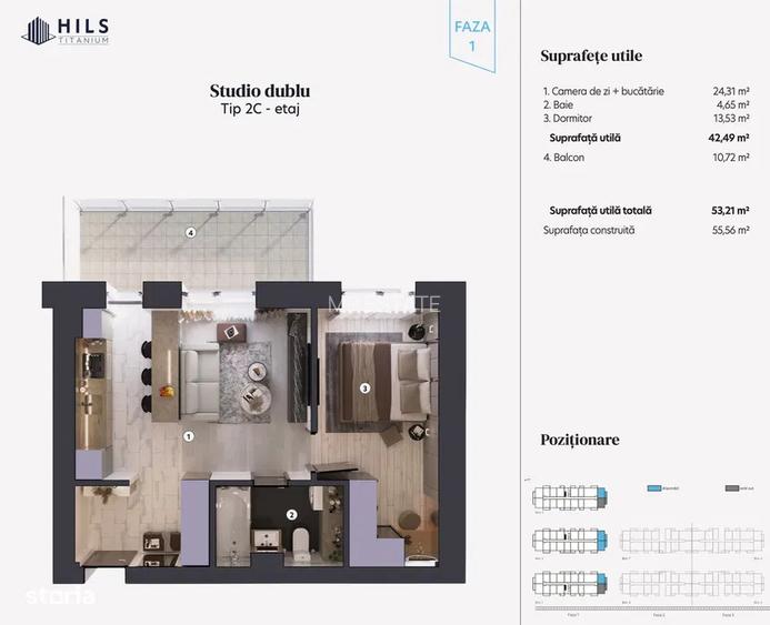 Apartament 2 Camere / Hils Titanium /CT, AC, Parcare, 500 m Metrou Teclu