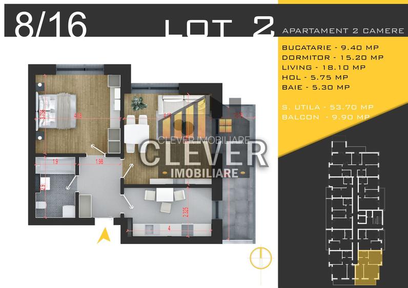 Ap 2 camere | 63,60 mp total | Balcon 9,90 mp | Comision 0% - 1