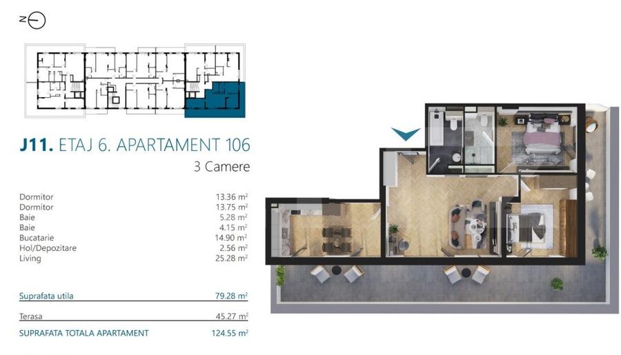 Apartament cu 3 camere, 79 mp, Ansamblu Rezidential, zona RIVUS