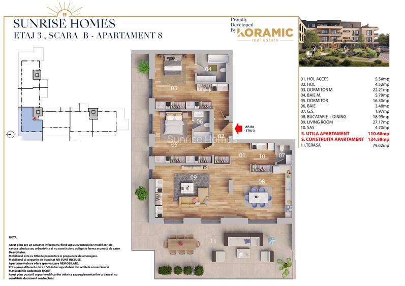 Apartament 3 camere SUNRISE HOMES  111 m.p. utili plus 80 m.p. terasa - 1