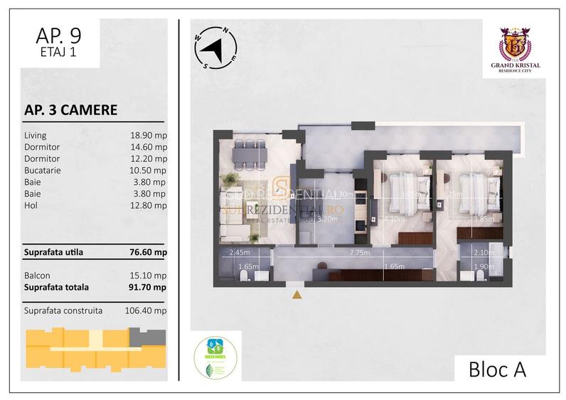 Apartament cu 3 camere si balcon 15mp, bloc nou, zona Metalurgiei - 1