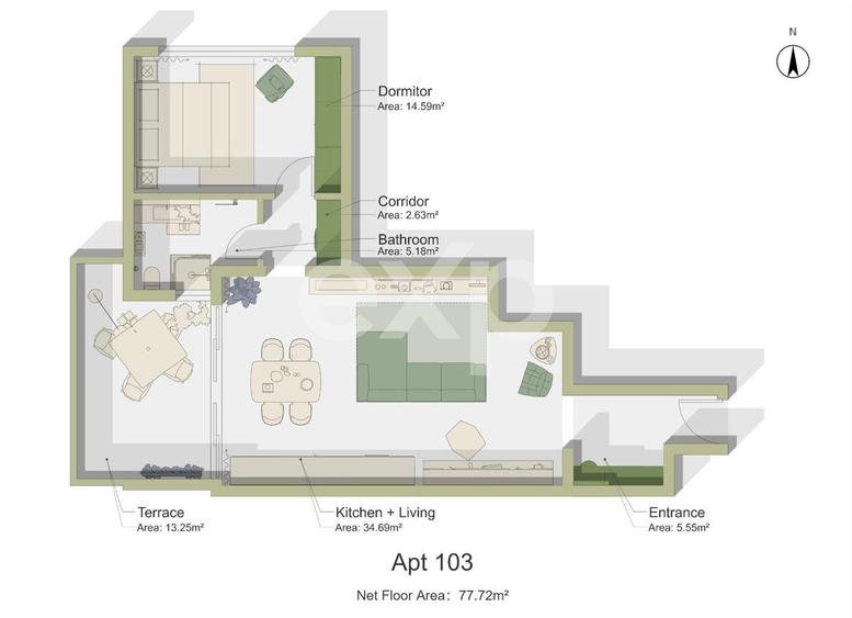 Apartament 2 camere cu terasa 13 mp - Predare la cheie