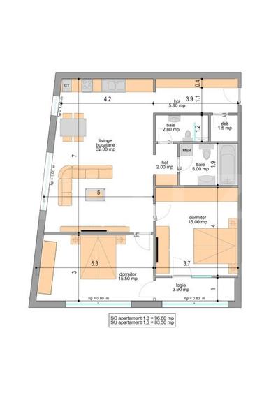 Apartament 3 camere, decomandat, 83.50 mp, zona Centrala