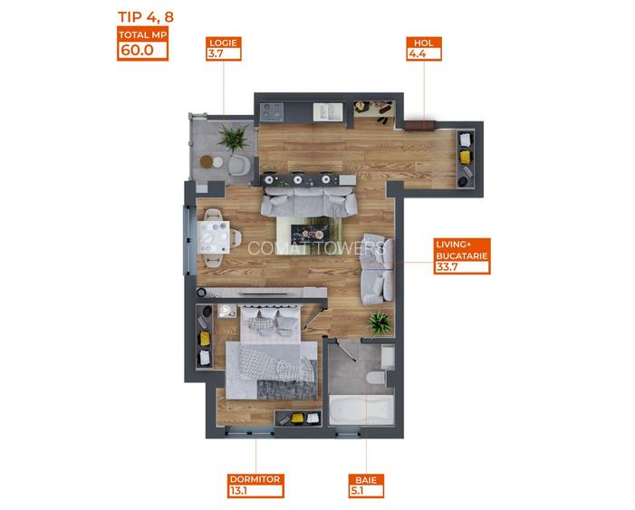 Apartament 2 Camere | 60 mp | Complex Comat Towers - 11