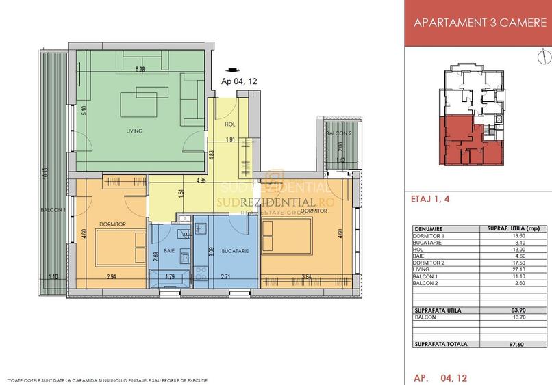 Apartament in bloc nou, 3 camere de vanzare, 97.6 mp, zona Grand Arena - 1