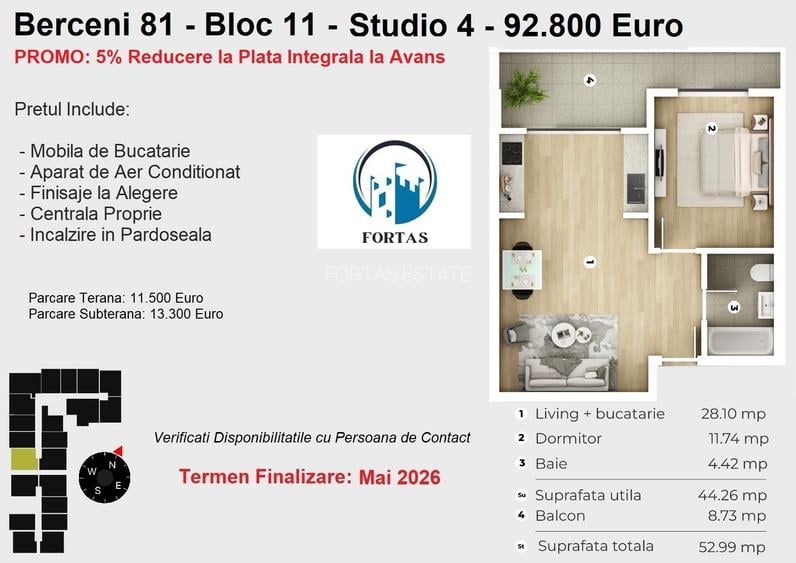 Studio spatios Aproape de Metrou! Ultimele unitati disponibile!Comision 0% - 5