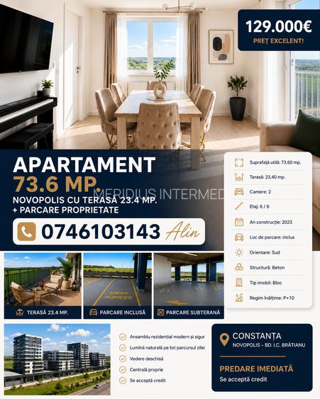 Apartament 73.6 mp. Novopolis cu terasă 23.4 mp. + parcare proprietate - 23