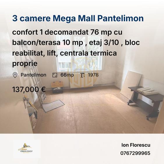 Mega Mal Pantelimon vand 3 camere 76 mp 137000eur