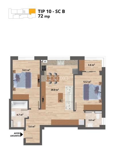 Proiect NOU - Sun Residence - Apartament 3 camere - TIP 10 - 72 Mp - 2