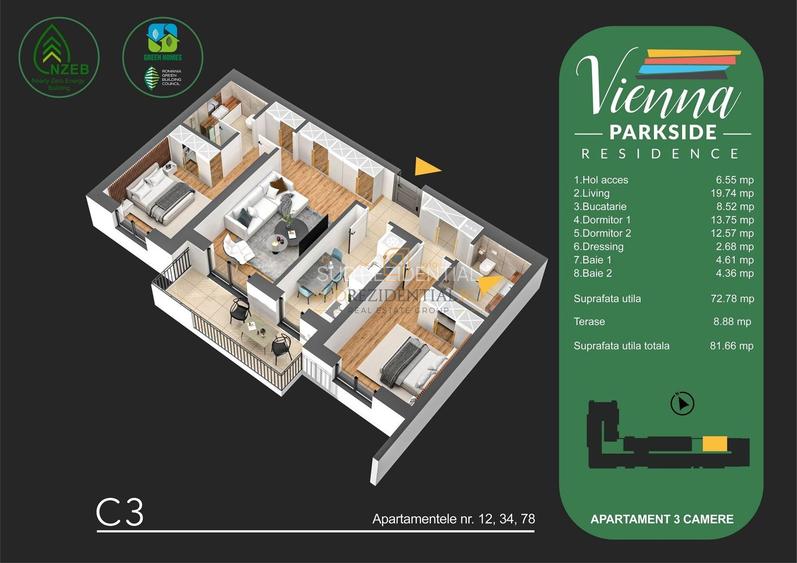 Apartament cu 3 camere, dressing si terasa, zona Parc Tudor Arghezi,S4 - 1