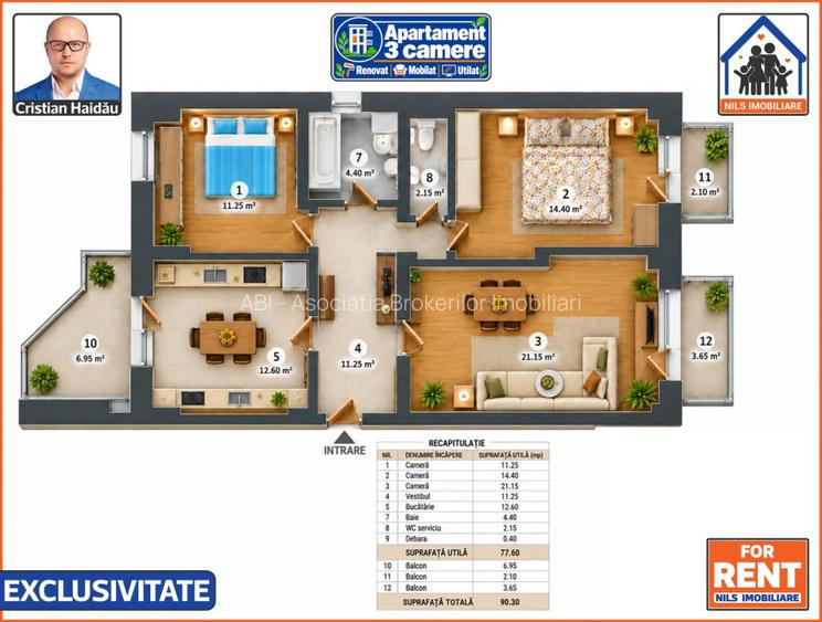 Apartament 3 camere, 2 bai, 3 balcoane | Renovat | Mobilat | Utilat - 14