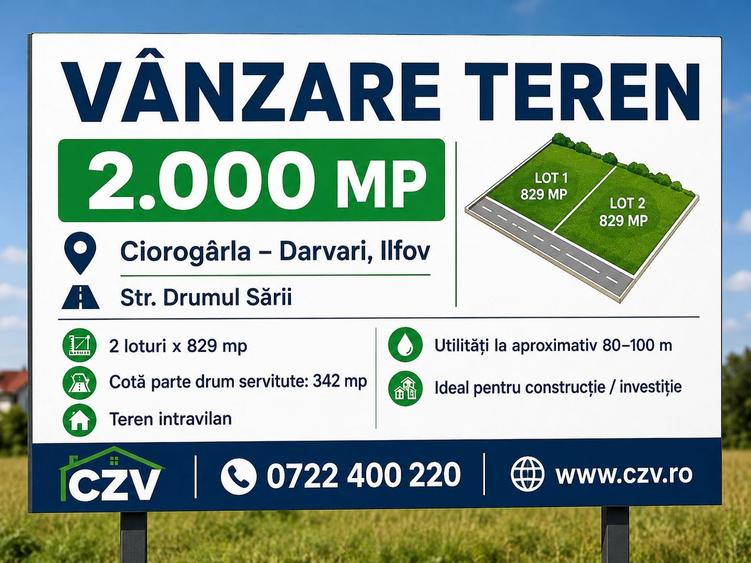 Teren intravilan 2.000 mp, două loturi construibile – Darvari, Ciorogârla