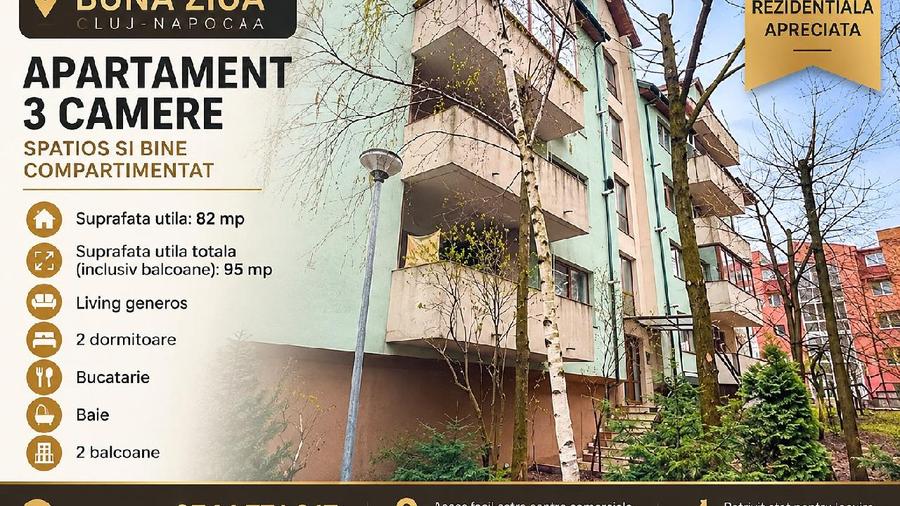 CLUJ - BUNA ZIUA, Apartament cu 3 camere - 95 mp - etaj 3