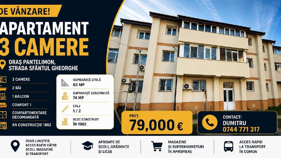 Oras Pantelimon, Apartament-3 camere 63 mp, etaj 1, Str. Sf.Gheorghe