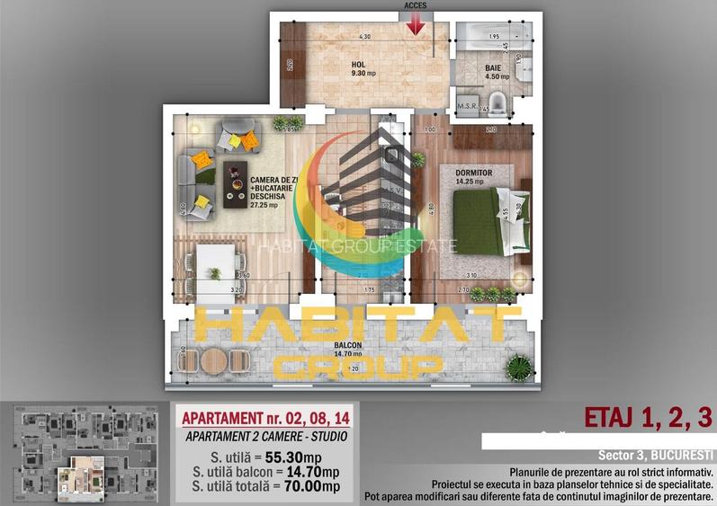 N. Grigorescu 2 camere semidecomandat 55 mp + terasa 15 mp - 2