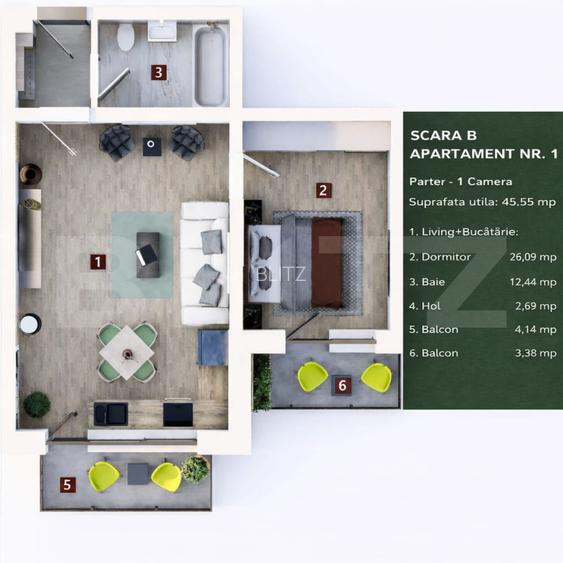 Apartament 2 camere, living cu bucătărie open space, balcon –45 mp utili - 2