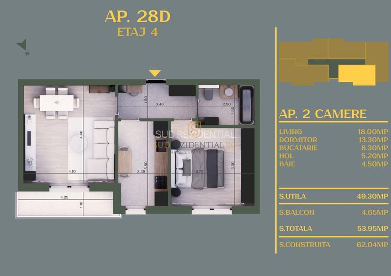 Apartament 2 camere de vanzare, 54 mp, ansamblu rezidential, Vidra - 8