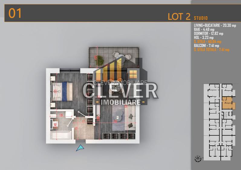 2 camare | 48,25 mp Total | Balcon 7,41 mp | Comision 0% 15 min metrou - 8
