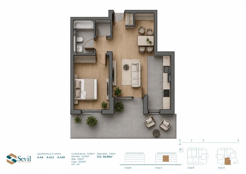 Sunbelt by Sevil | 2 camere | 54,40 mp | 14,15 mp terasă | Parcare subterană