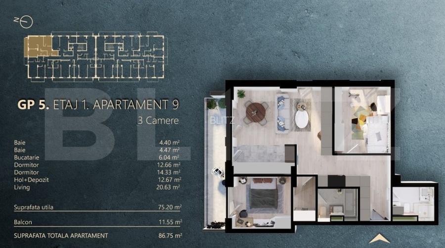 Ap. 3 camere[75 mp] Ansamblu Rezidential_zona RIVUS - 2