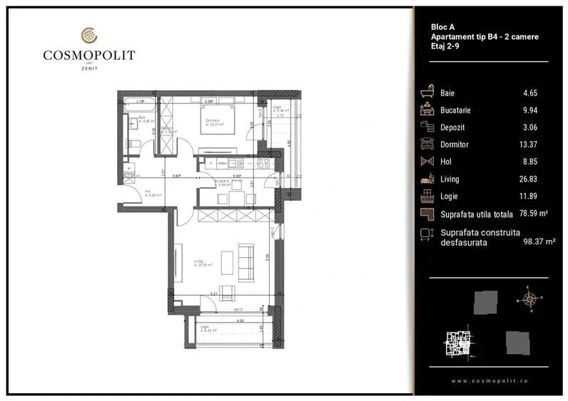 Apartament 2 camere, 78,59 mp, terasă de 11,89 mp în Brașov