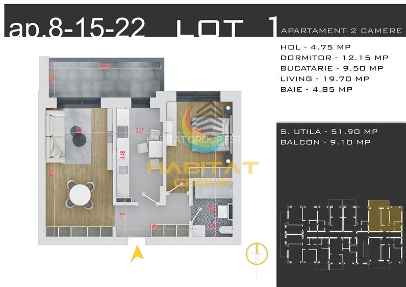 Apartament 2 camere - 63 mp - Pallady - 1