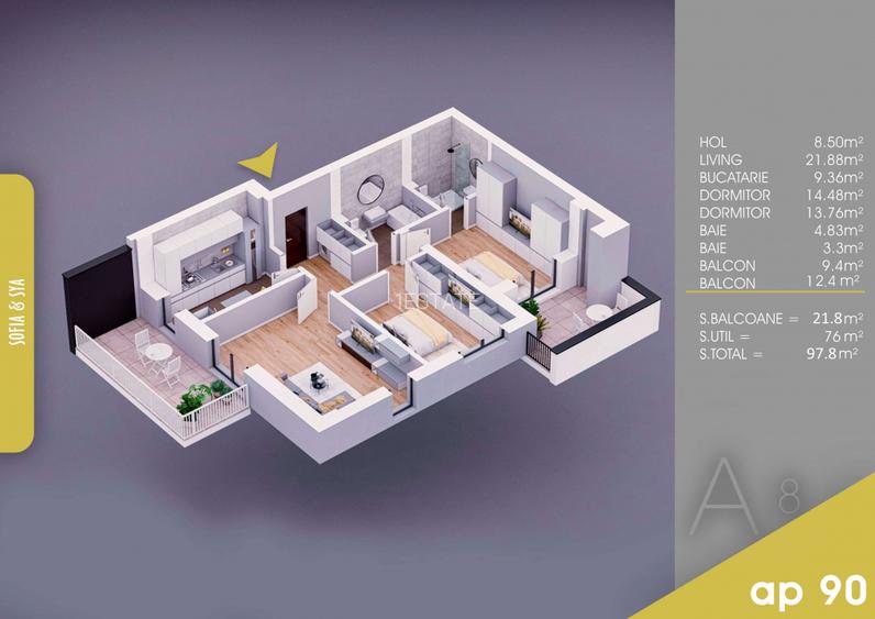 FINALIZAT | metrou | 3 cam, 2 terase, 98 mp, etaj 8/11, an 2025, loc parcare - 16