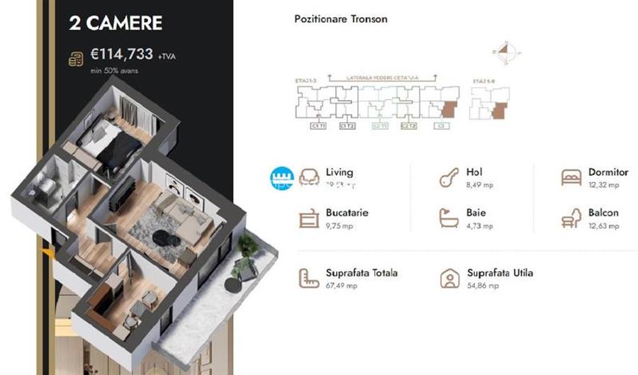 Apartament 2 camere,67.49 mp,bloc nou,zona Nicolina Selgros - 2