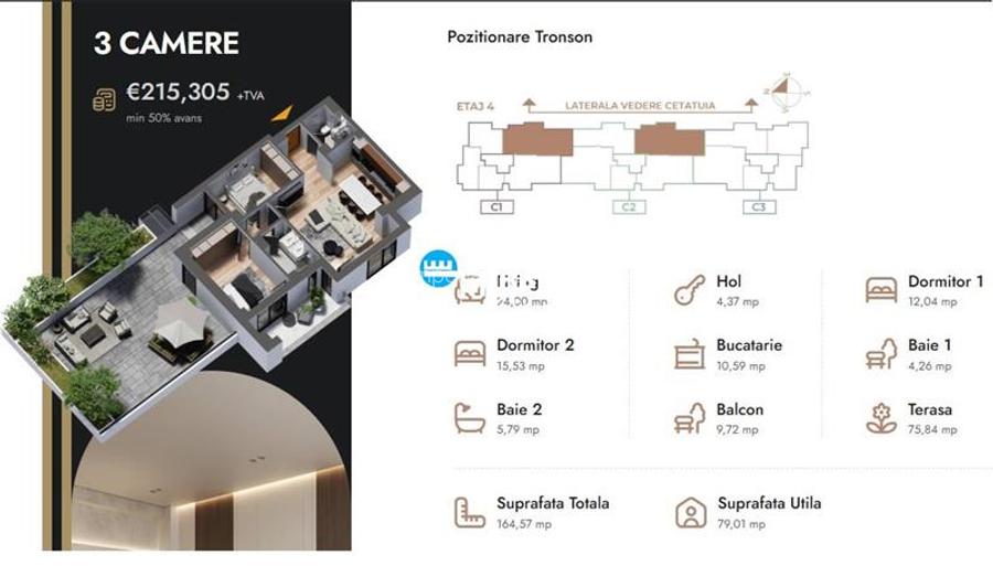 Apartament 3 camere cu terasa,167.57 mp,bloc nou,zona Nicolina Selgros - 2