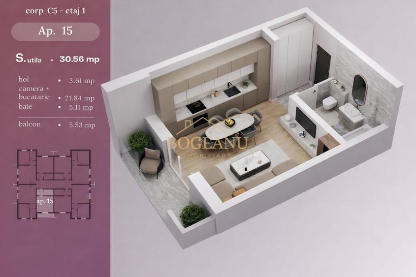 BG143- Apartament 1 cameră bloc nou | terasă | parcare inclusă | Giroc - 5