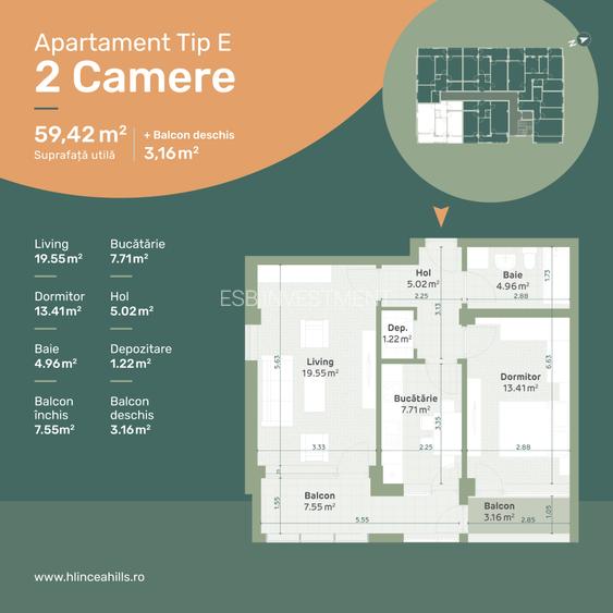 Apartament cu 2 camere, decomandat, cu suprafata de 59,42 mp - 1