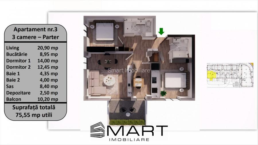 Apartament 3 camere lux, 75mp utili + 10mp Balcon, zona Tractorul - 2