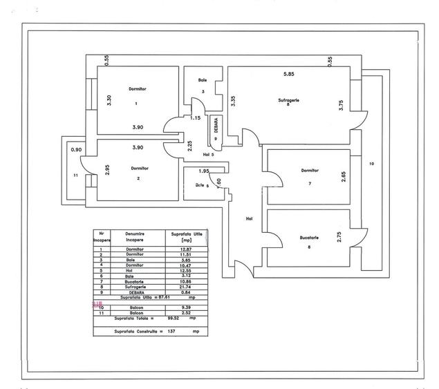 Apartament cu 4 camere, SC -133 mp, etaj 3, VASLUI - zona TRAIAN - ITM; - 15