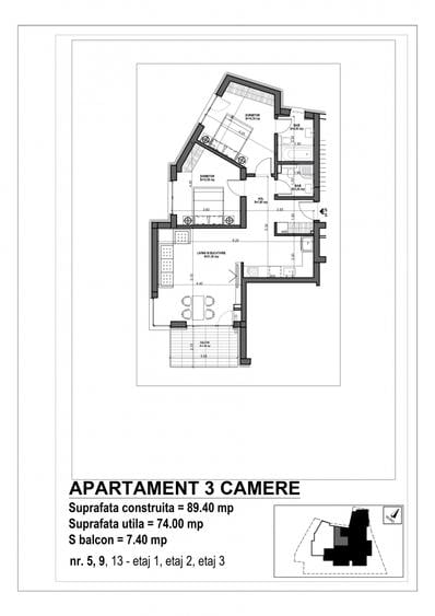 3 camere | Ultracentral Dacia-Mosilor | 73,5 mp | Terasă | Etaj 2