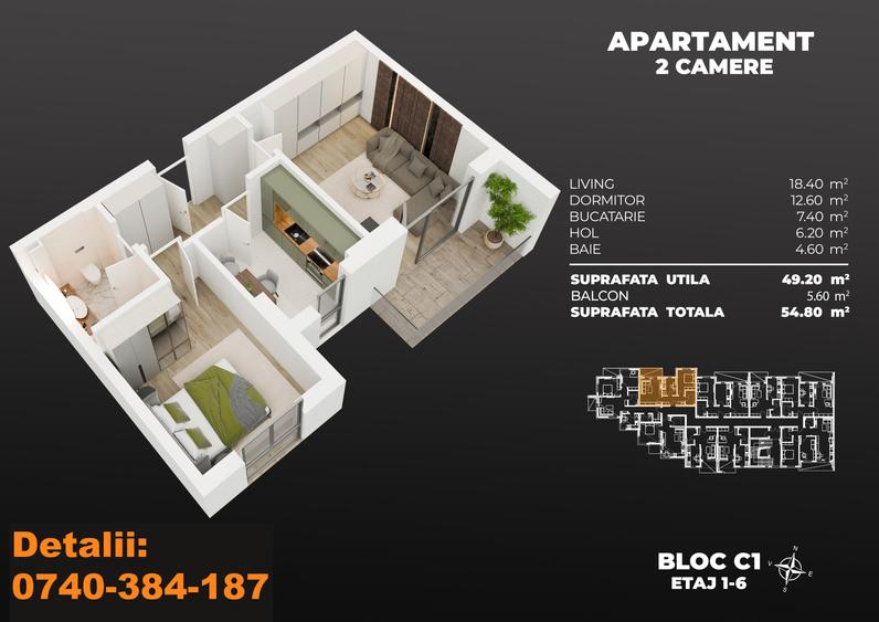 2 camere decomandat - 55mp - 5 minute Metrou