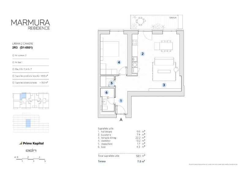 Apartament 2 camere, 58mp +terasa 8mp, mobilat, Marmura Residence, metrou Jiului
