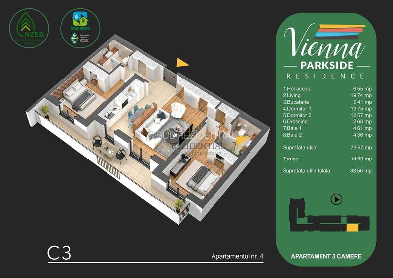 Apartament in Vienna Parkside Residence, 3 camere, Metalurgiei, Sect.4 - 1