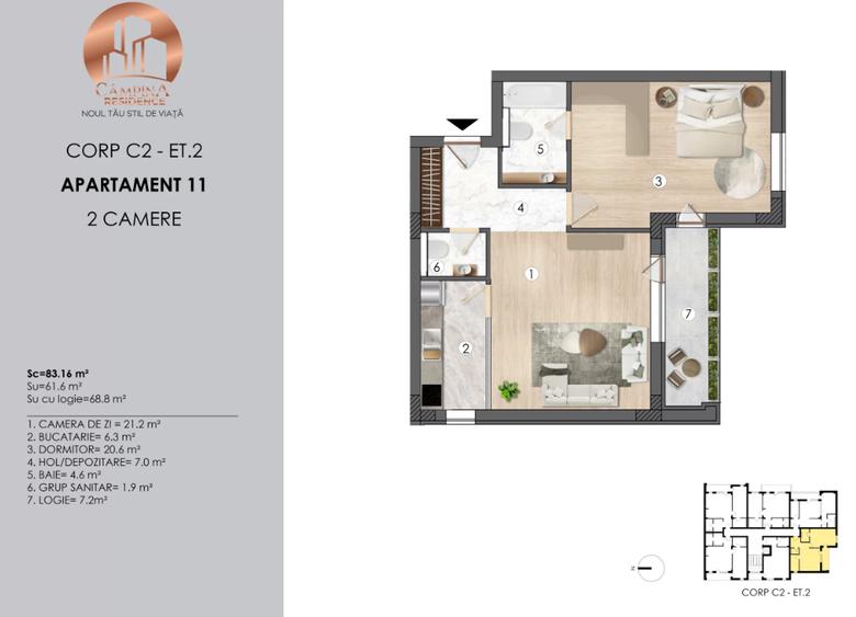 Apartament cu doua camere Campina Residence cu TVA 21%