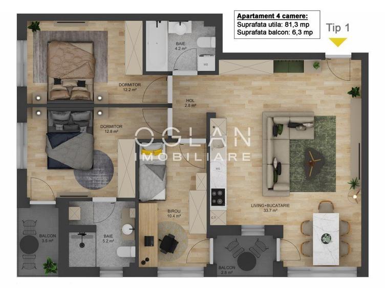 Apartament NOU 4 camere, 2 balcoane, loc parcare - Doamna Stanca