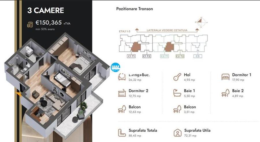 Apartament 3 camere,88.45 mp,bloc nou,zona Nicolina Selgros - 2