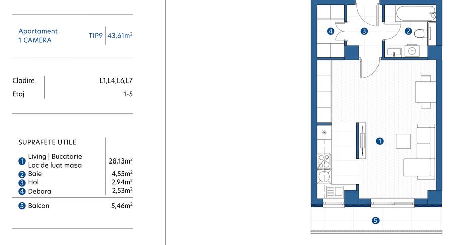 LAPIS RESIDENCE - Apartament 1 camera 44 mp, bloc NOU Galata, avans 15% - 5